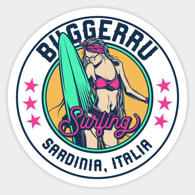 Retro Surfer Babe Badge Buggerru Sardinia Italy Sticker by Now Boarding